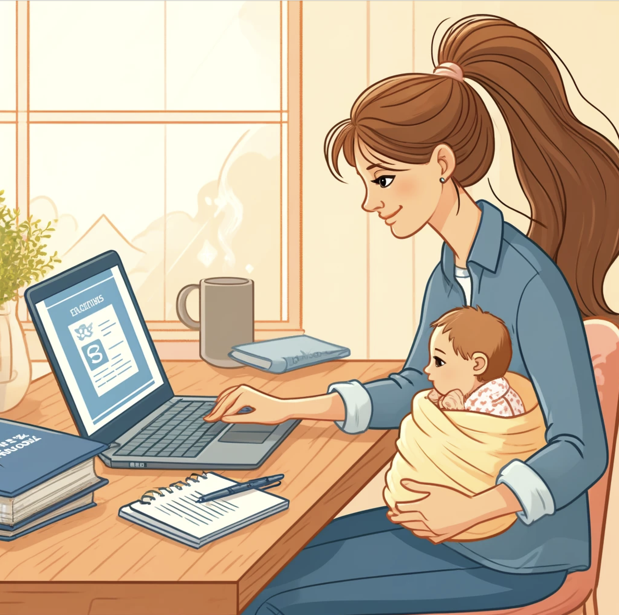 A 30-year-old mother studying at a desk while holding her infant in one arm. She types on her laptop with a stack of medical textbooks beside her.